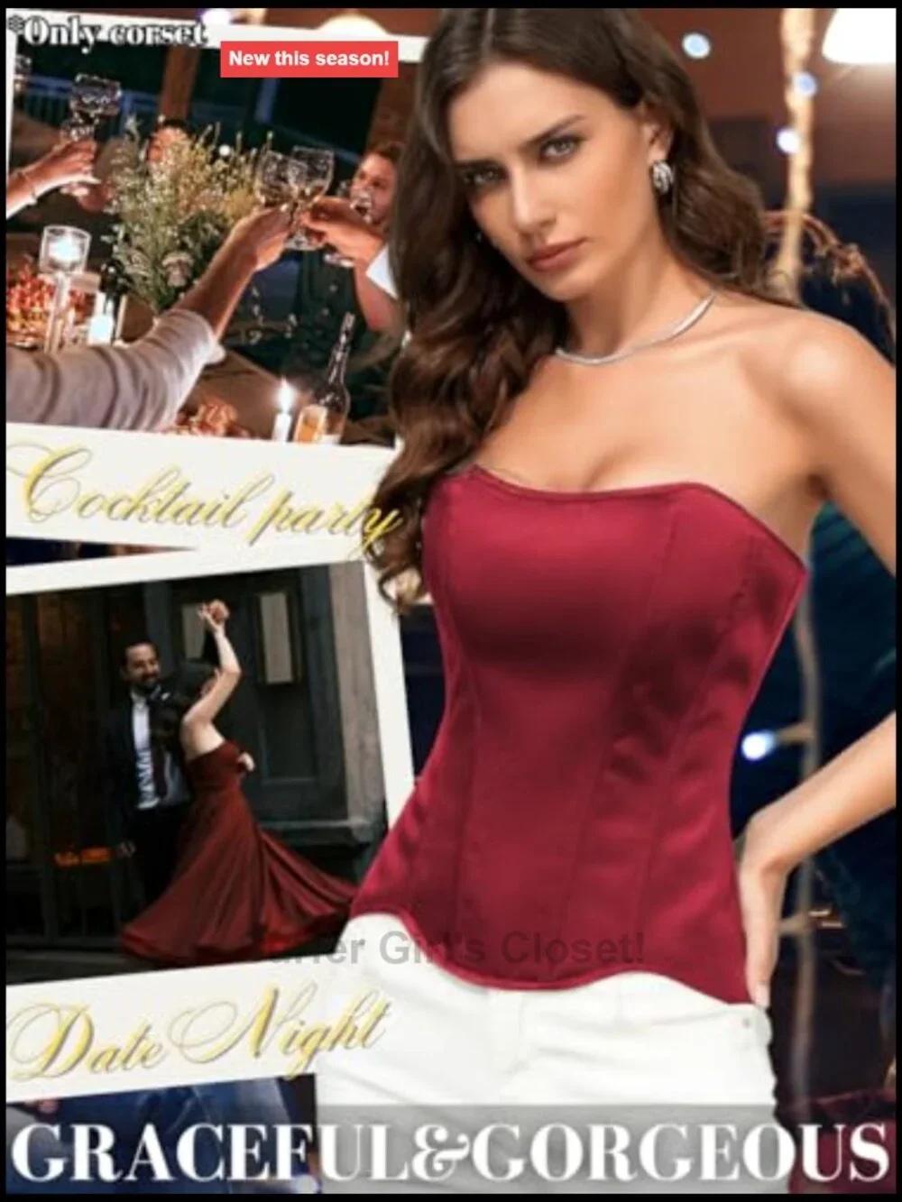 Lustrous Satin Corset Strapless Lace-Up Shapewear Wedding Guest Dinner